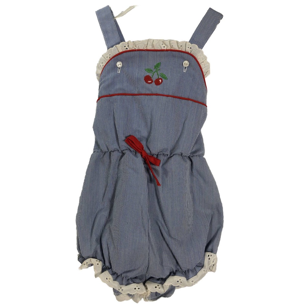 Vintage Doe Spun 4 Cherry Fruit Embroidered blue White Stripe Bubble Romper -232